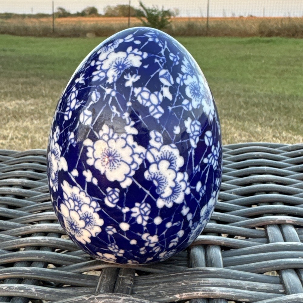 Blue White Porcelain Floral Decorative Egg Prunus Blossom Chinoiserie 5"